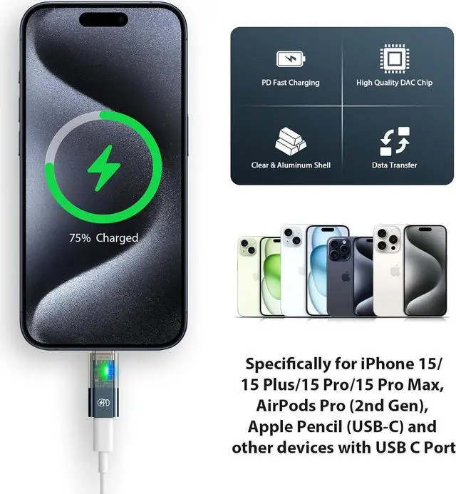 Alt view image 3 of 7 - USB C to Lightning Adapter for iPhone 16 Pro Max Lightning Female to USB-C Male Adapter Type C to Lightning Connector for iPhone 16 15 Pro PD Fast Charging Data Transfer Not for Audio/OTG