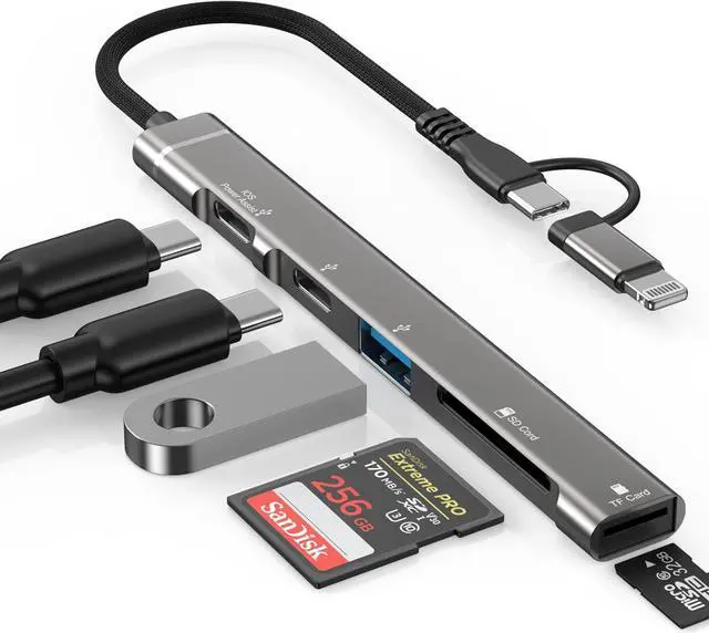 Main image of 5 in 1 SD Card Reader Adapter [MFi Certified] USB C & Lightning to Micro SD/SD Card Reader & USB OTG Adapter with USB C Fast Charging Port Compatible with iPhone 15/14/13/12/11/XS/XR/X/8/iPad Black