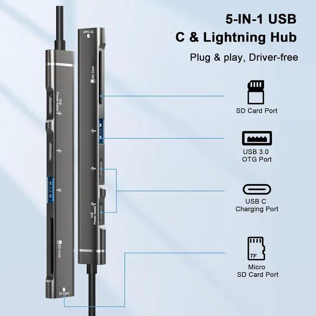 Alt view image 2 of 7 - 5 in 1 SD Card Reader Adapter [MFi Certified] USB C & Lightning to Micro SD/SD Card Reader & USB OTG Adapter with USB C Fast Charging Port Compatible with iPhone 15/14/13/12/11/XS/XR/X/8/iPad Black