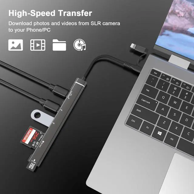 Alt view image 3 of 7 - 5 in 1 SD Card Reader Adapter [MFi Certified] USB C & Lightning to Micro SD/SD Card Reader & USB OTG Adapter with USB C Fast Charging Port Compatible with iPhone 15/14/13/12/11/XS/XR/X/8/iPad Black