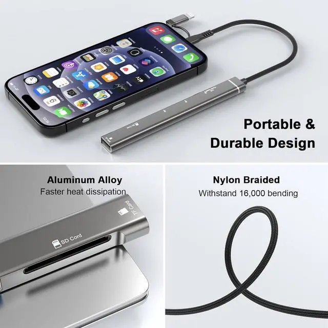 Alt view image 5 of 7 - 5 in 1 SD Card Reader Adapter [MFi Certified] USB C & Lightning to Micro SD/SD Card Reader & USB OTG Adapter with USB C Fast Charging Port Compatible with iPhone 15/14/13/12/11/XS/XR/X/8/iPad Black