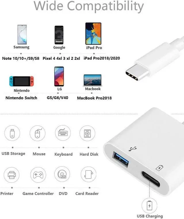 Alt view image 2 of 7 - USB C OTG Adapter with Power 2 in 1 USB C to USB Female with 60W PD Charging Port Adapter Compatible with Galaxy S23/S22/S21/S21+ LG V40/30 Google Pixel 7/6/6XL Google Chromecast with Google TV