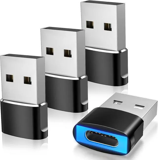 Main image of USB to USB C Adapter with LED Light 4 Pack Type C Female to USB Male Adapter Charger USB A to C Converter for iPhone 15/16 Pro Max Plus AirPods iWatch iPad Galaxy CarPlay Black