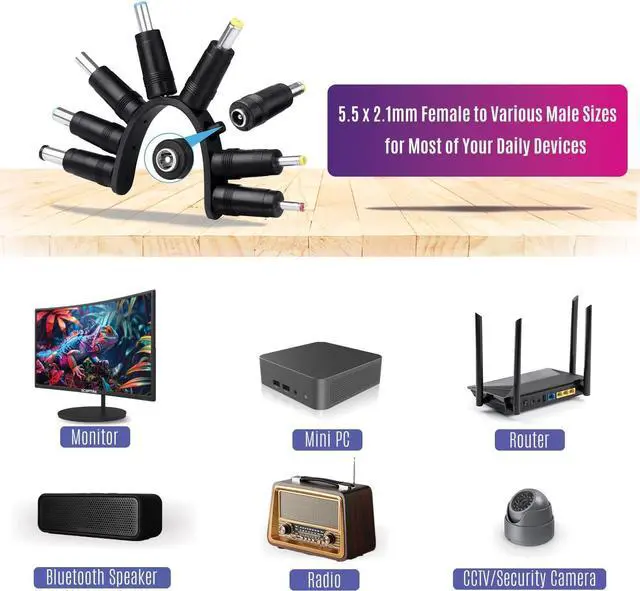 Alt view image 7 of 7 - Power Adapter 12V-4A 3A 2.5A 2A 1.25A 1A AC/DC Power Cord 5.5x2.1mm with 8 Tips Made for Sceptre Monitor Echo Smart Speaker & Display Webcam Router Mini PC Projector CCTV Bluetooth Speaker