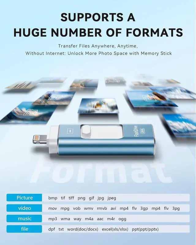 Alt view image 7 of 7 - MFi Certified 128GB Flash Drive for iPhone Thumb Drive Photo Stick USB Memory Stick iPhone Flash Drive for Photos Videos High Speed Jump Drive Compatible for iPhone/iPad/Android/PC (Blue)