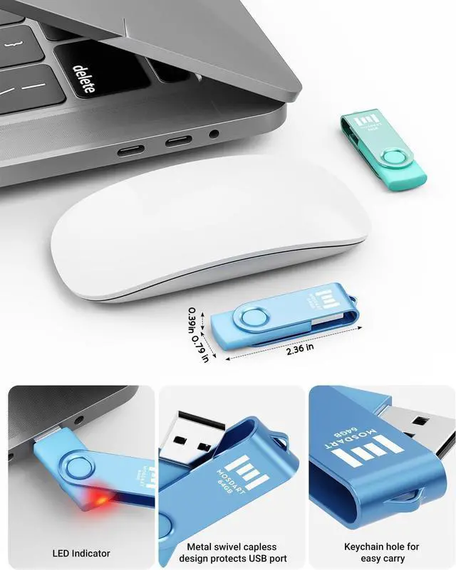 Alt view image 2 of 7 - MOSDART 64GB USB Flash Drive 2 Pack Bright Vivid Color 64 GB Multipack USB2.0 Thumb Drives Swivel Design with LED Light exFAT Jump Drive Memory Stick for Computers Data Storage