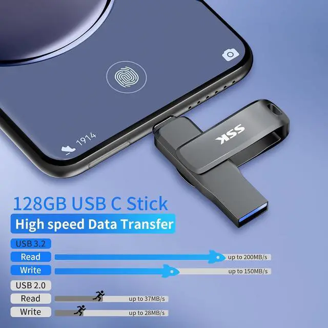 Alt view image 4 of 7 - USB C Flash Drive 128GB Up to 200 MB/S Read Speed USB Thumb Drive Dual USB 3.2 Flash Drive with USB C and USB A Robust Black Metal USB Pendrive for Android Phone Tablets Mac Computers Car TV