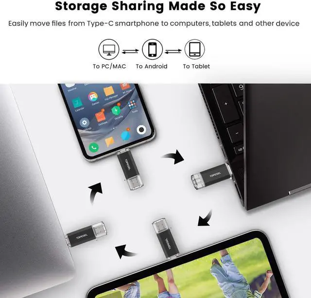 Alt view image 3 of 7 - Type C 256GB USB C Flash Drive Dual 2-in-1 USB C Thumb Drive USB 3.0/3.2 Gen1 USB C Drive 256 GB USB-C Memory Stick with LED Indicator for Easy Data Sharing Between PC and Android Smartphones