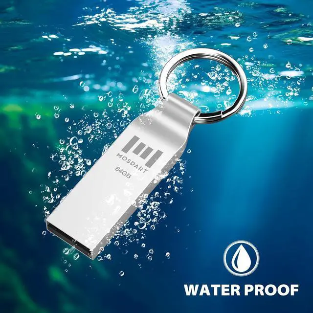 Alt view image 2 of 7 - MOSDART 64GB Waterproof Metal USB 2.0 Flash Drive - Keychain Thumb Drive Memory Stick Jump Drive Data Storage for Computers - exFAT Shockproof and Dustproof (Silver)