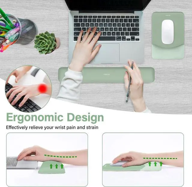 Alt view image 2 of 7 - Wrist Rest Support for Mouse Pad&Keyboard Set Rectangular Ergonomic Mousepad Non-Slip Base Home/Office Pain Relief&Easy Typing Pad with Neoprene Cloth&Raised Curved Memory Foam Green