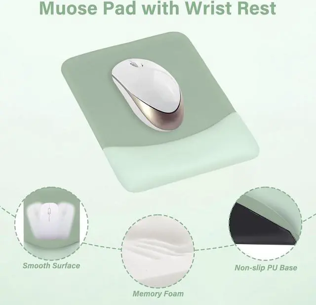 Alt view image 3 of 7 - Wrist Rest Support for Mouse Pad&Keyboard Set Rectangular Ergonomic Mousepad Non-Slip Base Home/Office Pain Relief&Easy Typing Pad with Neoprene Cloth&Raised Curved Memory Foam Green