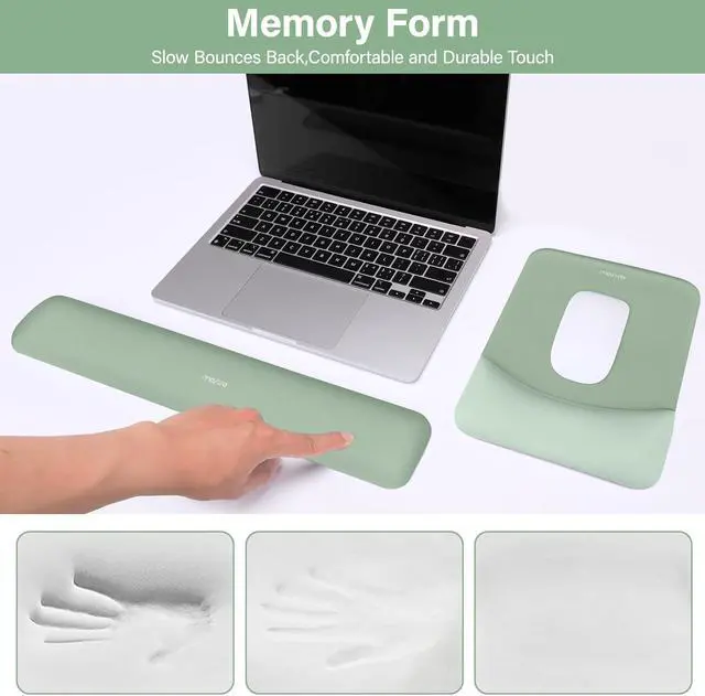 Alt view image 4 of 7 - Wrist Rest Support for Mouse Pad&Keyboard Set Rectangular Ergonomic Mousepad Non-Slip Base Home/Office Pain Relief&Easy Typing Pad with Neoprene Cloth&Raised Curved Memory Foam Green