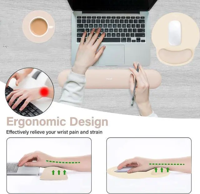 Alt view image 3 of 7 - Wrist Rest Support for Mouse Pad&Keyboard Set Circle Curved Ergonomic Mousepad&Coaster Non-Slip Base Home/Office Pain Relief&Easy Typing Pad with Soft Cloth&Silicone Lining Apricot