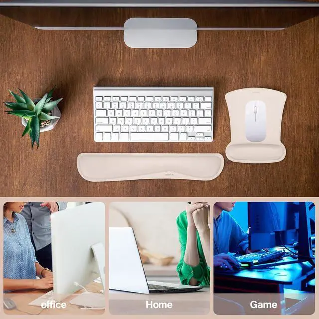 Alt view image 2 of 7 - Wrist Rest Support for Mouse Pad & Keyboard Set Ergonomic Mousepad Non-Slip Base Home/Office Pain Relief & Easy Typing Cushion with Neoprene Cloth & Raised Memory Foam Apricot