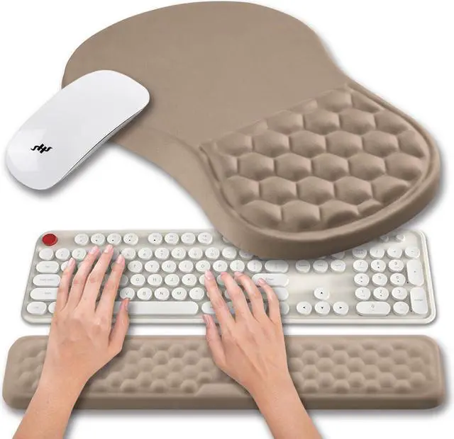 Main image of 2 in 1 Ergonomic Mouse Pad Wrist Support & Wrist Rest for Computer Keyboard Set with Relieve Carpal Tunnel Pain Massage Bulge and Full Memory Gel Design (2In1 Set Sand Color)
