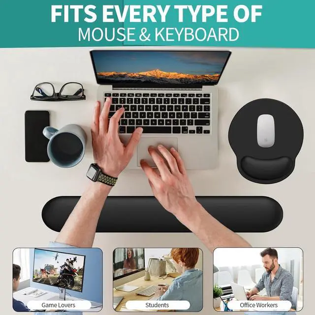 Alt view image 5 of 7 - Mouse Pad Wrist Support Ergonomic Memory Foam Keyboard Wrist Pad & Gel Wrist Rest Set for Computer Keyboard for Easy Typing & Pain Relief for Office & Home(Black Set)