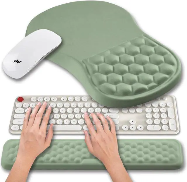 Main image of 2 in 1 Ergonomic Mouse Pad Wrist Support & Wrist Rest for Computer Keyboard Set with Relieve Carpal Tunnel Pain Massage Bulge and Full Memory Gel Design (2In1 Set Light Green)