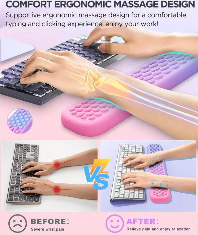 Alt view image 3 of 7 - Wrist Rest for Computer Keyboard Keyboard Wrist Rest - Silky Memory Foam Wrist Rest for Keyboard and Mouse Wrist Pad for Keyboard Typing Pain Relief Wrist Support for Keyboard Pink Purple