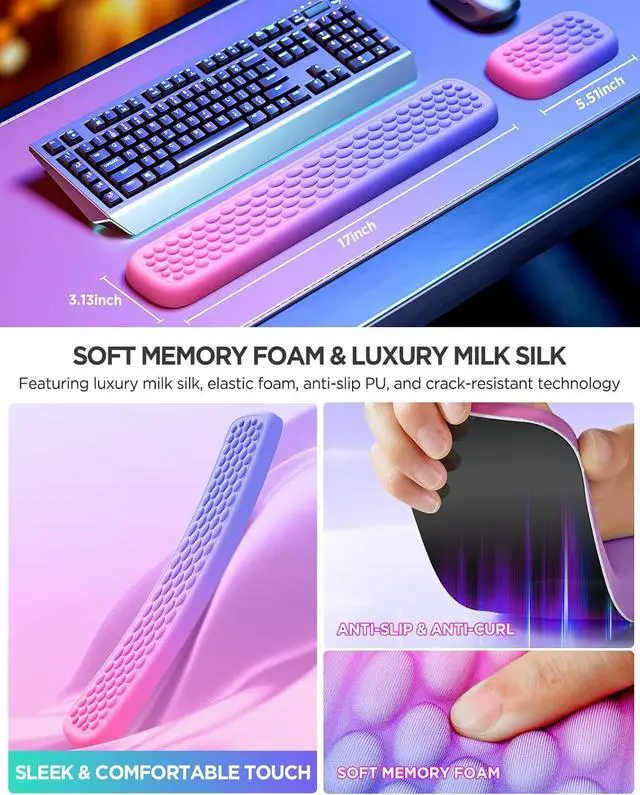 Alt view image 4 of 7 - Wrist Rest for Computer Keyboard Keyboard Wrist Rest - Silky Memory Foam Wrist Rest for Keyboard and Mouse Wrist Pad for Keyboard Typing Pain Relief Wrist Support for Keyboard Pink Purple