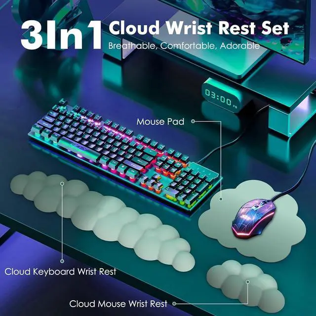 Alt view image 2 of 7 - Cloud Wrist Rest Ergonomic Cloud Keyboard Wrist Rest with Mouse Rest Wrist Pad Durable Polyester Cloud Arm Rest Wrist Pad for Keyboard and Mouse for Office Gaming Computer Laptop Green