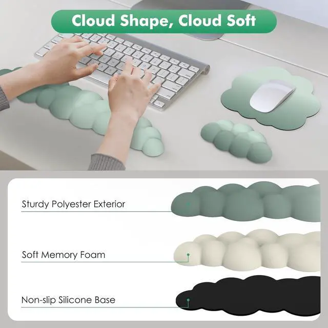 Alt view image 4 of 7 - Cloud Wrist Rest Ergonomic Cloud Keyboard Wrist Rest with Mouse Rest Wrist Pad Durable Polyester Cloud Arm Rest Wrist Pad for Keyboard and Mouse for Office Gaming Computer Laptop Green