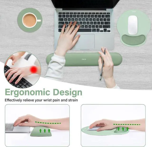 Alt view image 2 of 7 - Wrist Rest Support for Mouse Pad&Keyboard Set Circle Curved Ergonomic Mousepad&Coaster Non-Slip Base Home/Office Pain Relief&Easy Typing Pad with Soft Cloth&Raised Memory Foam Antique Green