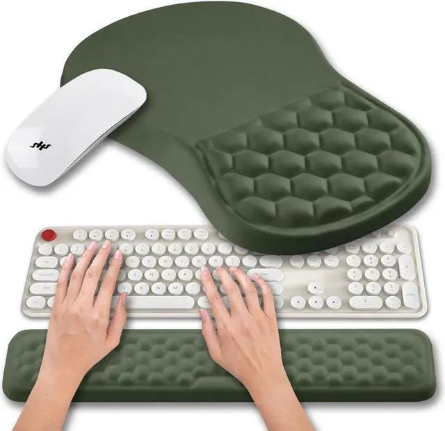 Main image of 2 in 1 Ergonomic Mouse Pad Wrist Support & Wrist Rest for Computer Keyboard Set with Relieve Carpal Tunnel Pain Massage Bulge and Full Memory Gel Design (2In1 Set Dark Green)