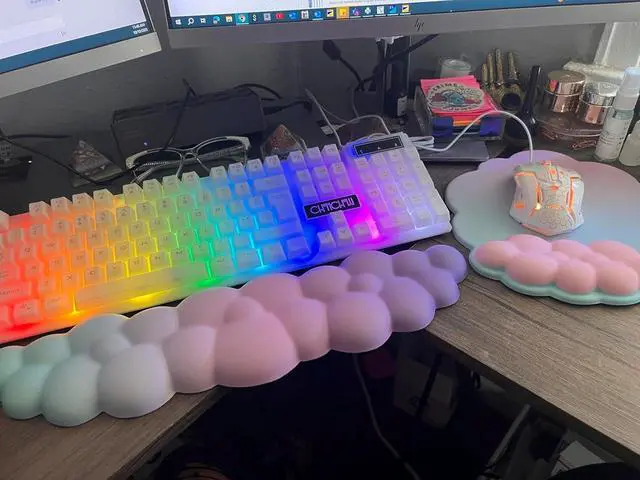 Alt view image 6 of 7 - 17 in Cloud Keyboard Wrist Rest 3Pcs Mouse Pad Wrist Support Set with Ergonomic Memory Foam Coaster Anti-Slip Base Palm for Home Office Laptop Desktop Computer Easy Typing Pain Relief (Color Pink)