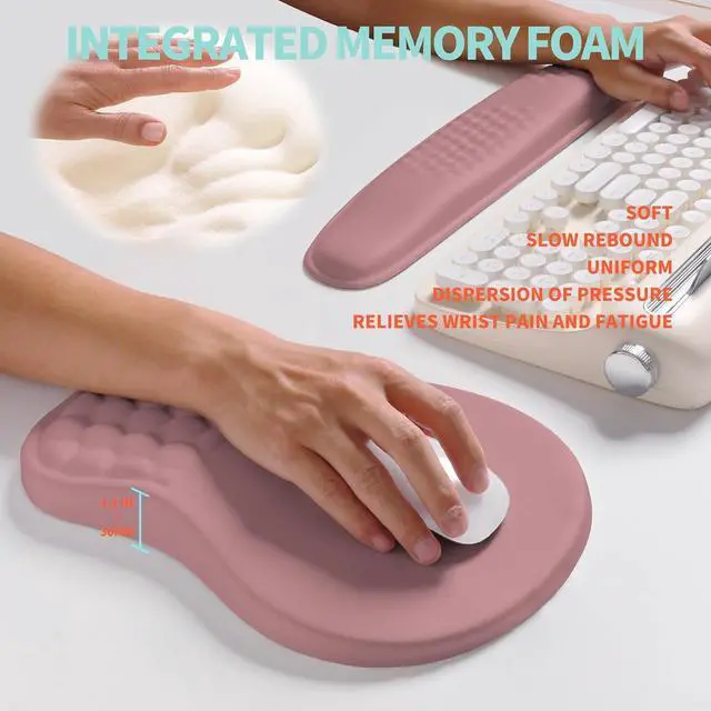 Alt view image 4 of 6 - 2-in-1 Ergonomic Set Wave Rise Keyboard Wrist Rest and Massage Bulge Slope Mouse Pad Wrist Support Cushion Memory Foam Integrated to Relieve Wrist Pain Muskmelon Pink