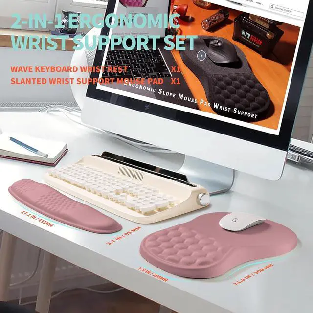 Alt view image 5 of 6 - 2-in-1 Ergonomic Set Wave Rise Keyboard Wrist Rest and Massage Bulge Slope Mouse Pad Wrist Support Cushion Memory Foam Integrated to Relieve Wrist Pain Muskmelon Pink