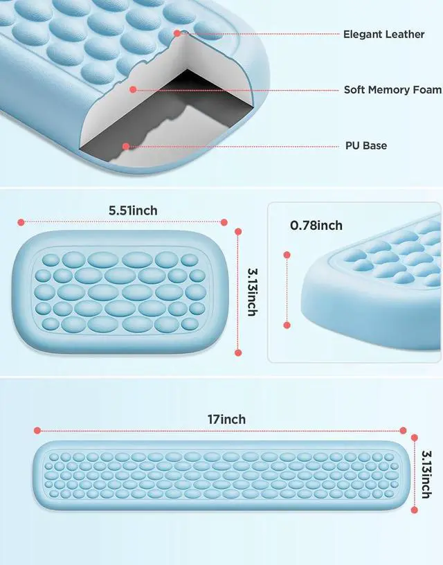 Alt view image 6 of 7 - Wrist Rest for Computer Keyboard Leather Memory Foam Keyboard Wrist Rest Massage Design for Typing Pain Relief Comfortable Keyboard Mouse Wrist Support for Office Gaming Computer Blue