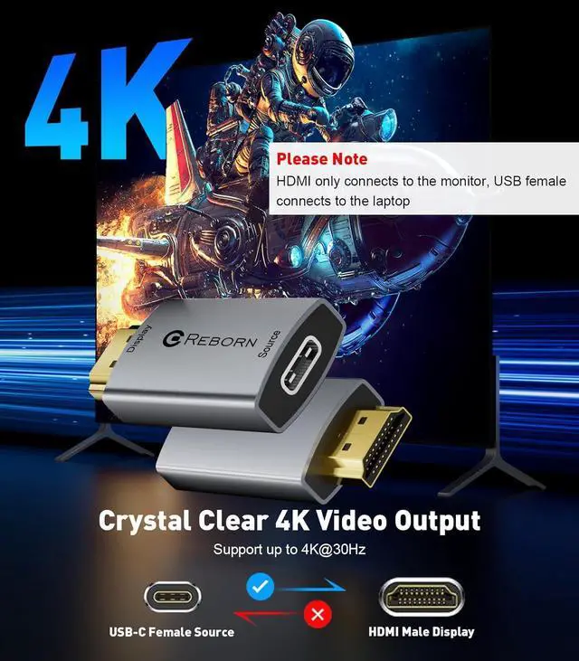 Alt view image 3 of 7 - USB C Female to HDMI Male Adapter | 4K Uni-Directional USB Type C Source to HDMI 2.0 Display Converter Thunderbolt 3/4 to HDMI for MacBook Pro/Air Galaxy S8 to S23 Surface - 1 Pack