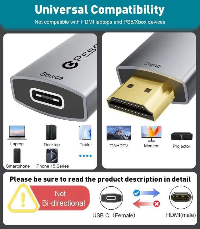 Alt view image 6 of 7 - USB C Female to HDMI Male Adapter | 4K Uni-Directional USB Type C Source to HDMI 2.0 Display Converter Thunderbolt 3/4 to HDMI for MacBook Pro/Air Galaxy S8 to S23 Surface - 1 Pack