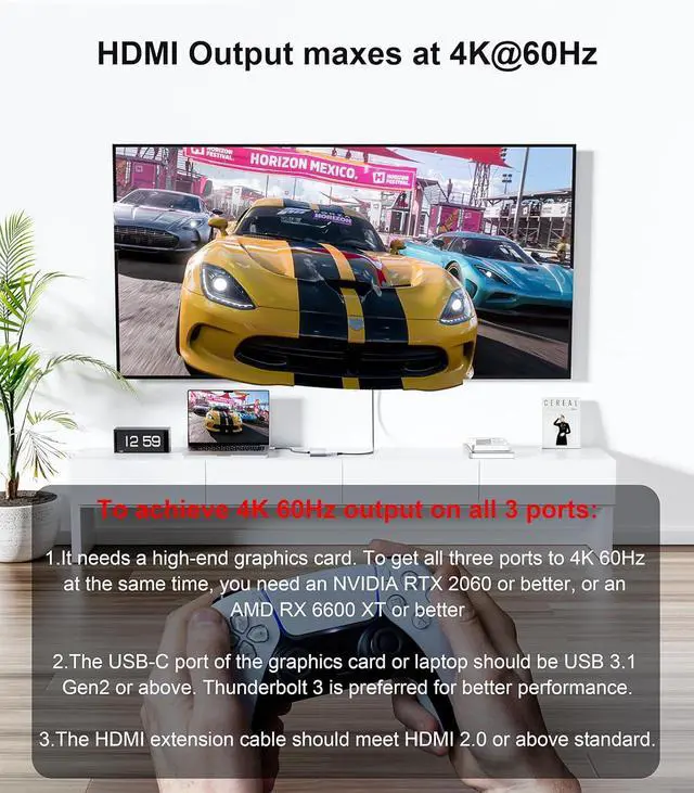 Alt view image 2 of 7 - USB-C to 3 HDMI Adapter with 100W PD, 4K@60Hz USB Type-C to HDMI 1 in 3 Out Splitter for 3-Port USB-C Multi-Monitor Adapter, Compatible with PC/macOS/Linux and More