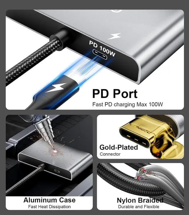 Alt view image 6 of 7 - USB-C to 3 HDMI Adapter with 100W PD, 4K@60Hz USB Type-C to HDMI 1 in 3 Out Splitter for 3-Port USB-C Multi-Monitor Adapter, Compatible with PC/macOS/Linux and More