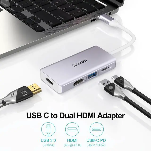 Alt view image 6 of 7 - USB C to Dual HDMI Adapter, USB-C to HDMI 4K Multiport Adapter for MacBook Pro/MacBook Air/ipad Pro/Dell XPS/Nintendo Switch with Thunderbolt 3 Port (USB C to Dual HDMI Silver)