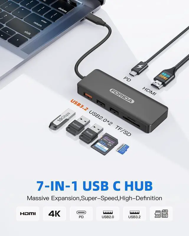 Alt view image 2 of 7 - USB C Hub 7 Ports USB C MultiPort Adapter for MacBook Pro/Air Type C to HDMI Dongle with 4K HDMI 1 USB 3.2 Up to 10Gbps 2 USB 2.0 100W PD SD/TF for iPhone 15/16 and Other Type C Devices
