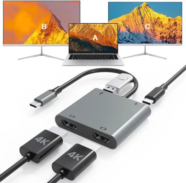 Main image of USB C to Dual HDTV Adapter 4K@60Hz HDTV Splitter Extend Display for Dual Monitors macOS Only Allows Mirror Mode Windows Allows Multi-Monitor Display 3 Separate Screens for 100W PD USB-A Port