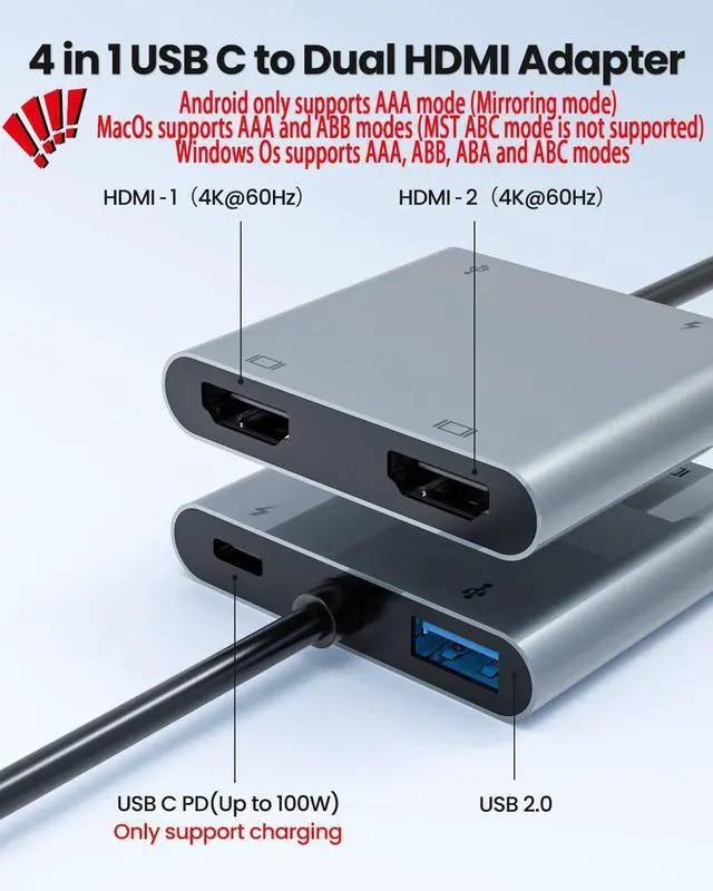 Alt view image 3 of 7 - USB C to Dual HDTV Adapter 4K@60Hz HDTV Splitter Extend Display for Dual Monitors macOS Only Allows Mirror Mode Windows Allows Multi-Monitor Display 3 Separate Screens for 100W PD USB-A Port