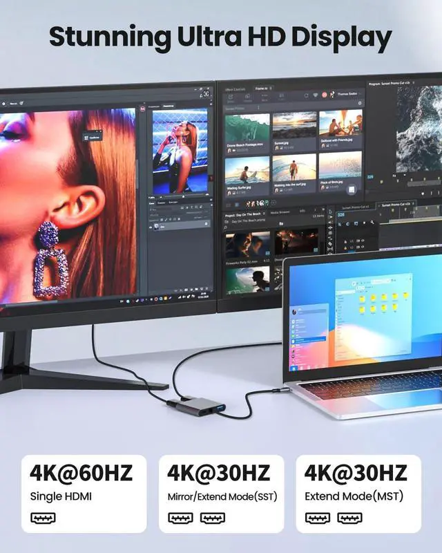 Alt view image 4 of 7 - USB C to Dual HDTV Adapter 4K@60Hz HDTV Splitter Extend Display for Dual Monitors macOS Only Allows Mirror Mode Windows Allows Multi-Monitor Display 3 Separate Screens for 100W PD USB-A Port