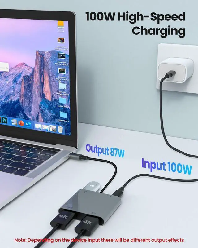 Alt view image 5 of 7 - USB C to Dual HDTV Adapter 4K@60Hz HDTV Splitter Extend Display for Dual Monitors macOS Only Allows Mirror Mode Windows Allows Multi-Monitor Display 3 Separate Screens for 100W PD USB-A Port