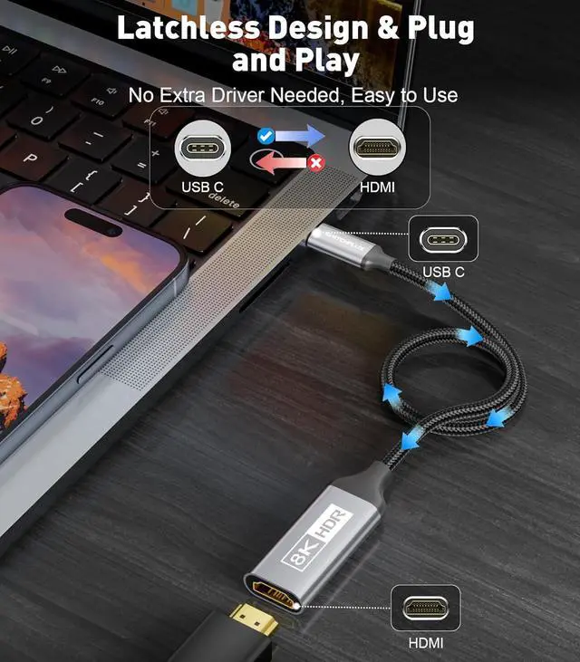 Alt view image 4 of 7 - USB-C to HDMI 2.1 Adapter | 8K@60Hz 4K@144Hz 2K@165Hz High-Speed USB Type C 3.1 to HDMI 8K Converter [Thunderbolt 3/4 Compatible] for MacBook Pro/Air iPad Other USBC Laptops