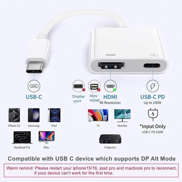 Alt view image 6 of 7 - USB C to HDMI Adapter for iPhone 15/16 to TV Type C to HDMI Adapter with 100W Fast Charging and 4K@60Hz Compatible with iPhone15 iPhone16 MacBook Ipad