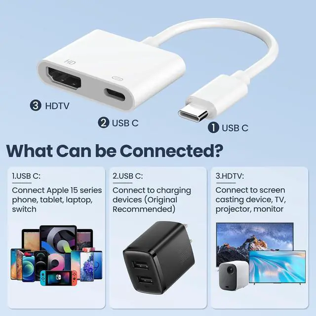 Alt view image 7 of 7 - USB C to HDTV Digital AV Adapter with 4K@60Hz HD Video & Audio Output 100W Fast Charge Compatible for iPhone 15/16 Pro/Max MacBook Pro/Air 2023 iPad Pro