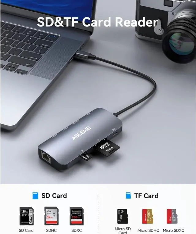 Alt view image 3 of 7 - ABLEWE USB C Hub Ethernet, 8 in 1 Multiport USB C to HDMI Adapter 4K@60Hz,1000Mbps, 100W PD, SD/TF Card Reader, 3 USB 3.0 Ports, Docking Station Compatible for MacBook, Tablet, Phone, Type C Devices