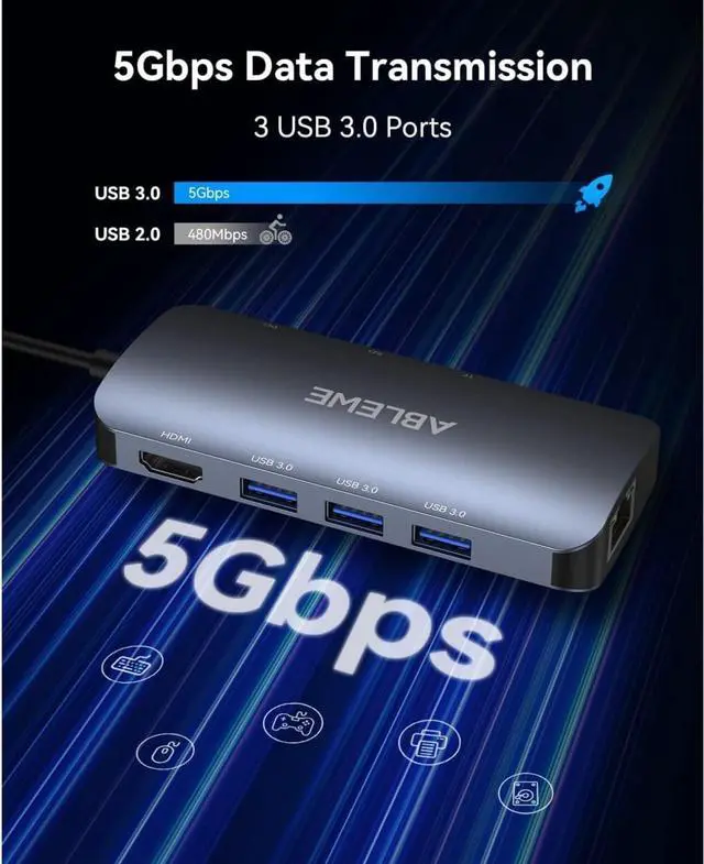 Alt view image 4 of 7 - ABLEWE USB C Hub Ethernet, 8 in 1 Multiport USB C to HDMI Adapter 4K@60Hz,1000Mbps, 100W PD, SD/TF Card Reader, 3 USB 3.0 Ports, Docking Station Compatible for MacBook, Tablet, Phone, Type C Devices