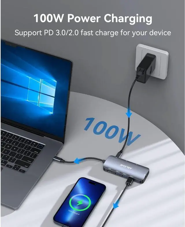 Alt view image 5 of 7 - ABLEWE USB C Hub Ethernet, 8 in 1 Multiport USB C to HDMI Adapter 4K@60Hz,1000Mbps, 100W PD, SD/TF Card Reader, 3 USB 3.0 Ports, Docking Station Compatible for MacBook, Tablet, Phone, Type C Devices