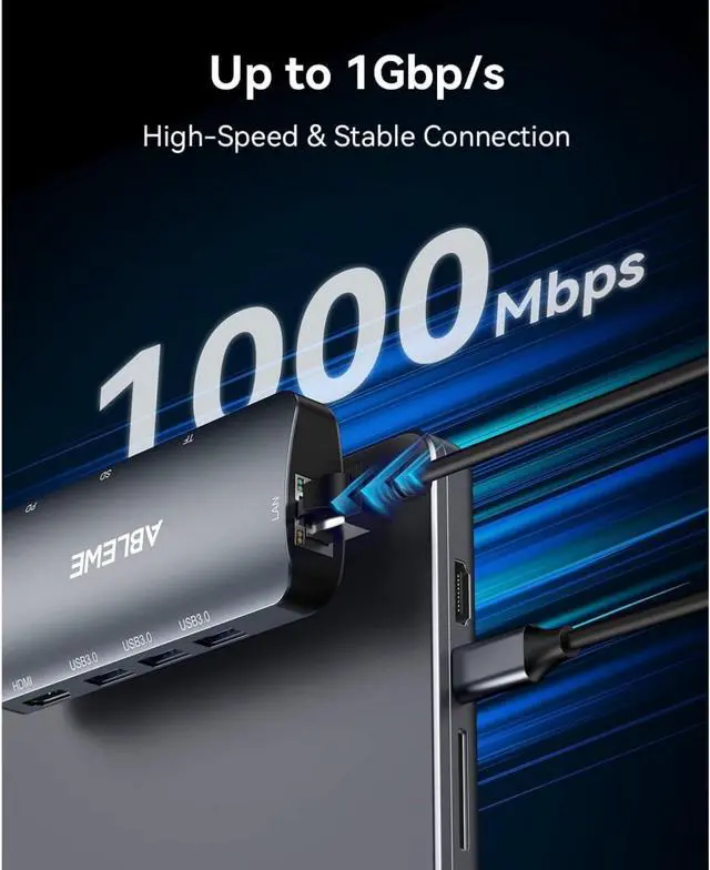 Alt view image 7 of 7 - ABLEWE USB C Hub Ethernet, 8 in 1 Multiport USB C to HDMI Adapter 4K@60Hz,1000Mbps, 100W PD, SD/TF Card Reader, 3 USB 3.0 Ports, Docking Station Compatible for MacBook, Tablet, Phone, Type C Devices
