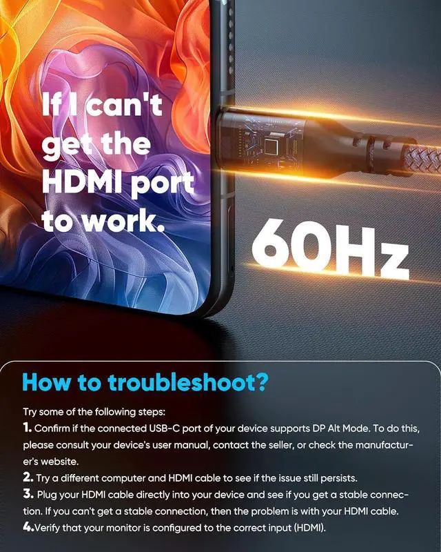 Alt view image 2 of 7 - USB C to HDMI Cable @60Hz 4K USBC to HDMI 1.8M [Thunderbolt 3/4/5 Compatible] Type-C to HDMI Cord 2.0 Braided for iPhone 16/15 Series MacBook Pro/Air iPad Surface Galaxy XPS and More