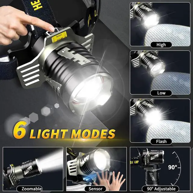 Alt view image 2 of 6 - Rechargeable Headlamp 180000 LM Bright Head lamp 9 Mode Motion Sensor Hands-Free headlamps Digital Display Led Headlamp with Red Light Headlamp Battery Powered for Camping Running